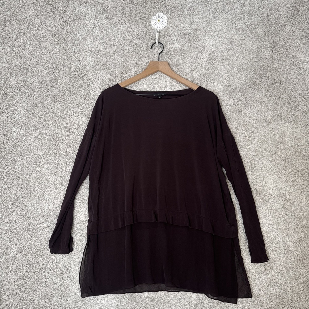 EILEEN FISHER Tunic Top S/P Silk Jersey Layered Crew Neck Long Sleeve Brown USA